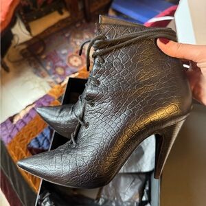 Rare Saint Laurent Croc Leather Black Ankle Booties